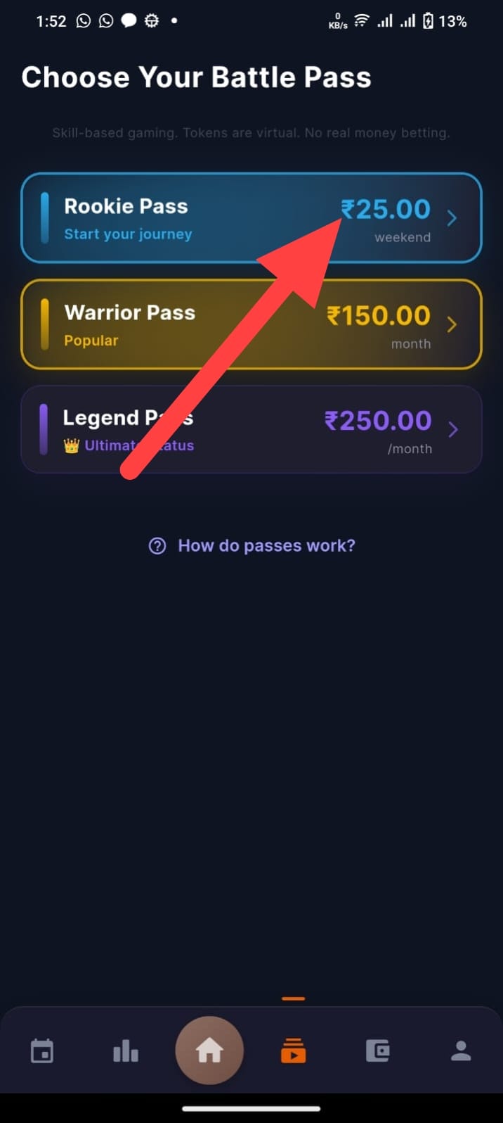 Browse available passes — Rookie, Warrior, and Legend tiers with feature comparisons