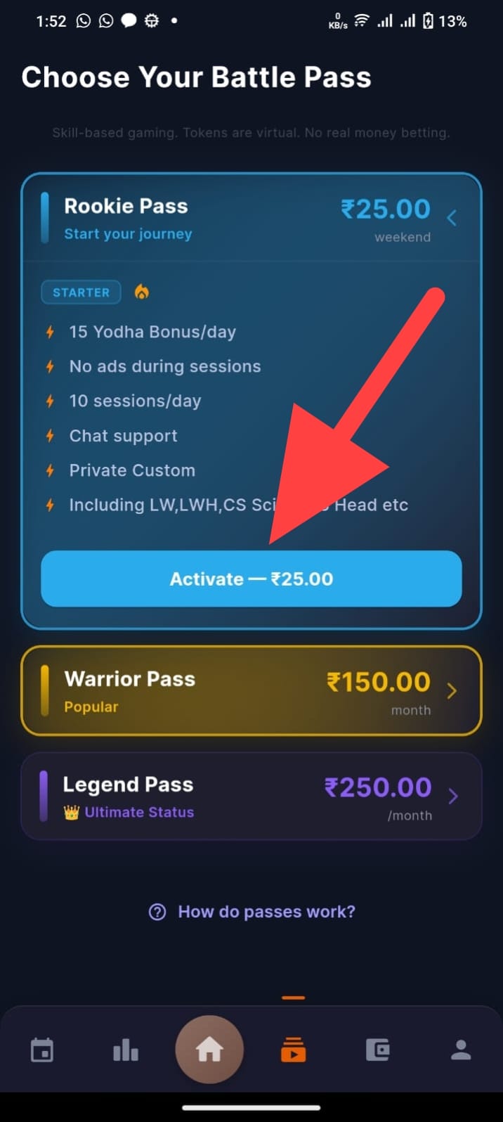 Detailed view of pass features included with your selected tier